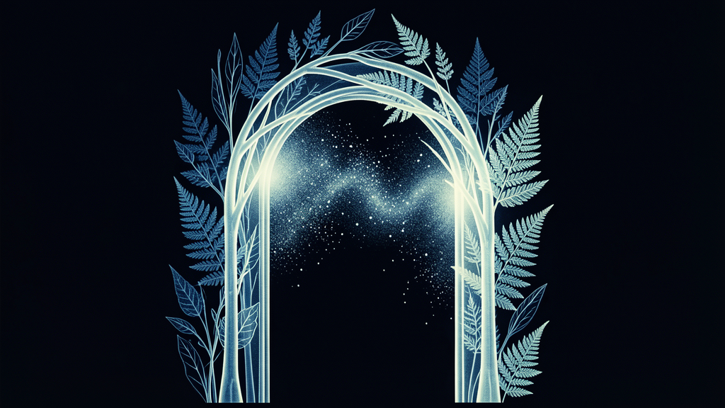 Cyanotype x-ray: an arched threshold of plant stems with luminous scent motes drifting across