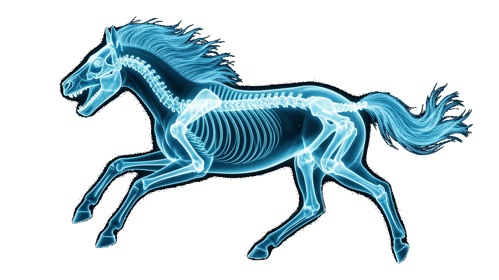 Charter etalon: cyan-blue x-ray wild horse in explosive gallop, luminous, floating on the page — the untamed force under the harness
