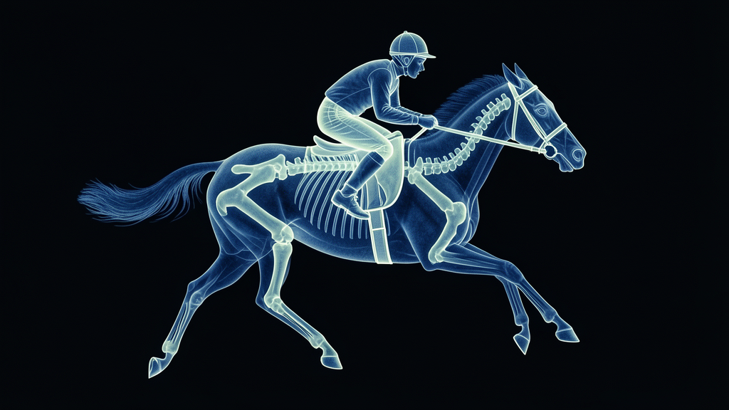 Cyanotype x-ray: the jockey (human) directs the racehorse (the force) through luminous reins