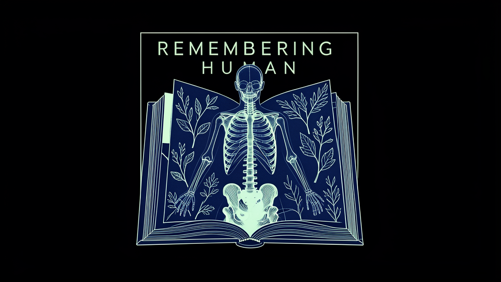 Cyanotype x-ray cover of Remembering Human — the human as an unknown species