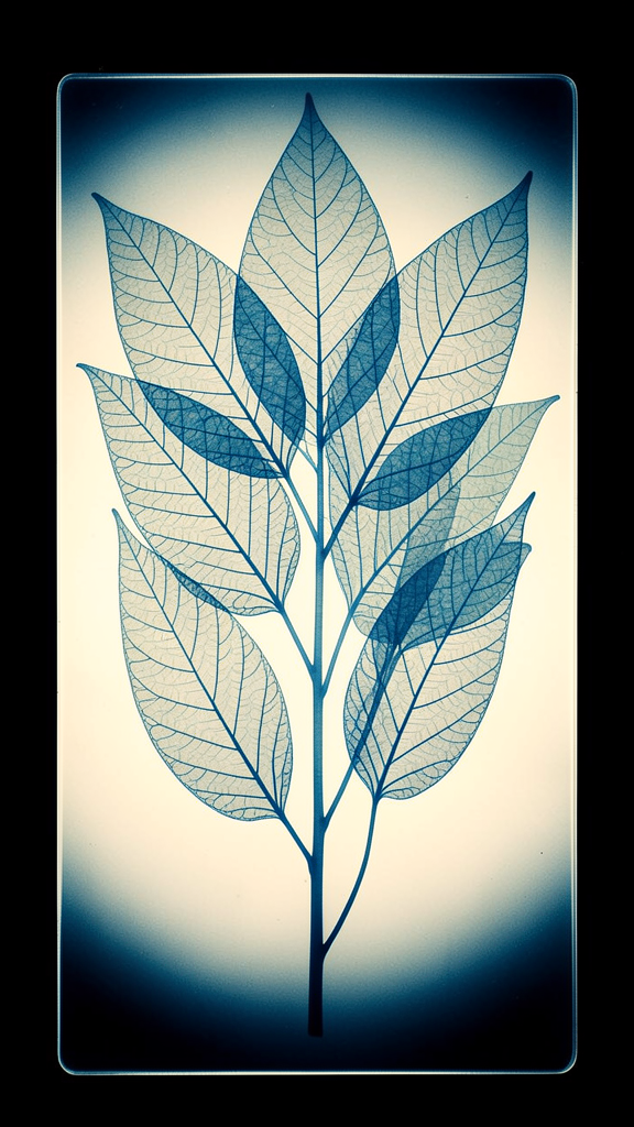 Cyanotype x-ray: a glass plate framing leaf and hand