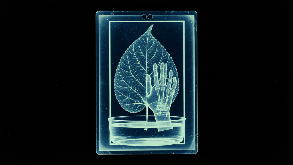 Cyanotype x-ray: a glass plate framing the x-ray skeleton of a leaf and a hand pressed together