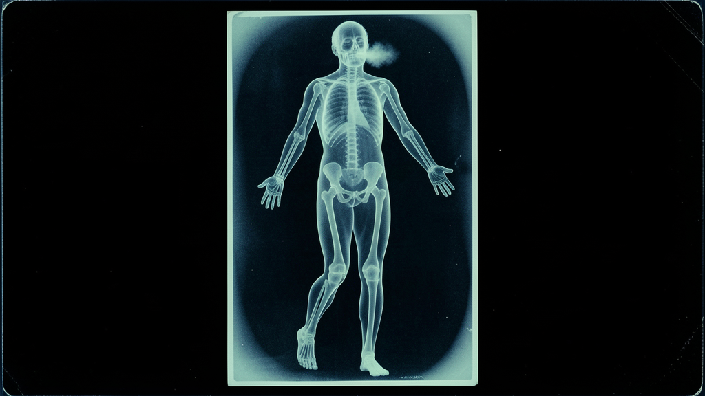 Cyanotype x-ray: a transparent body mid-gesture, the body as both the work and its limit