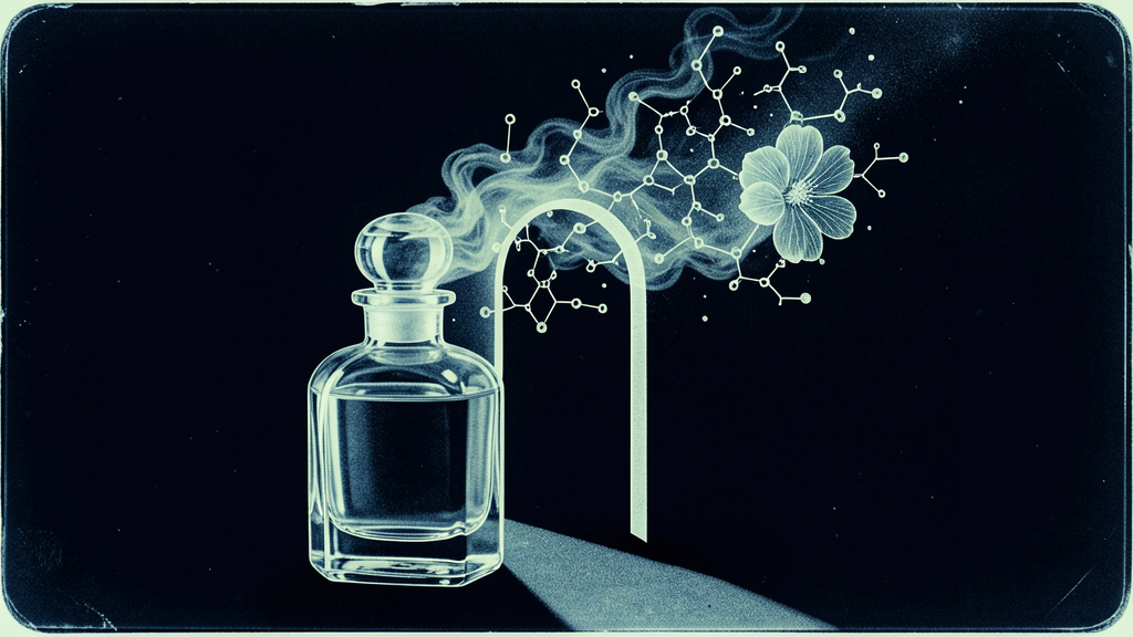 Cyanotype x-ray: a perfume flask, molecules forming a threshold doorway, a flower dissolving into scent