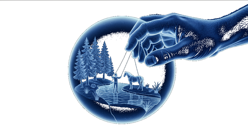 Cyanotype x-ray: a transparent sphere holding a miniature universe, directed by a hand outside through luminous reins — the real metaverse